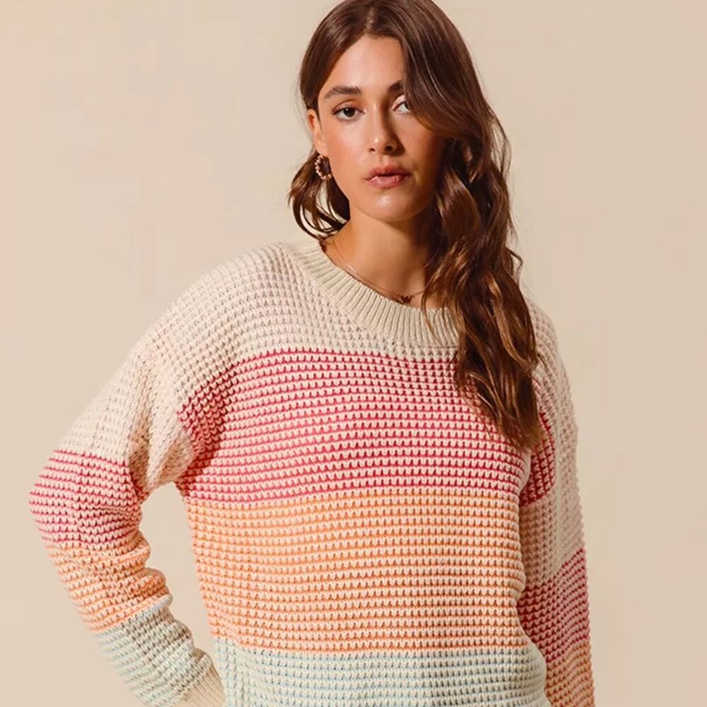 SO ME Multi Color Block Long‎ Sleeve Sweater